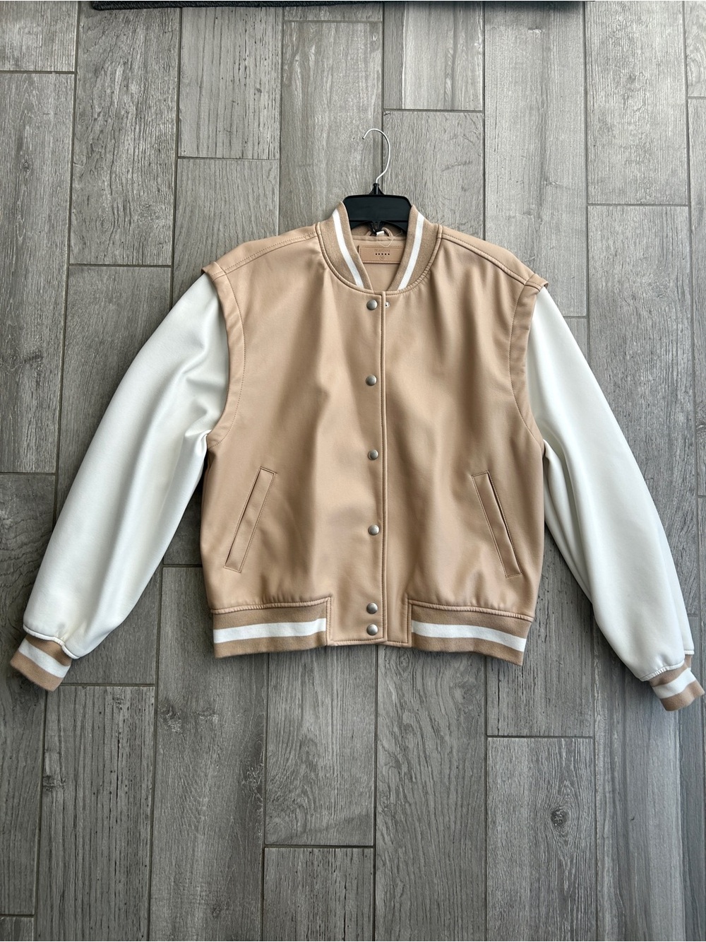 Blank NYC Beige and White Varsity-Style Bomber Jacket